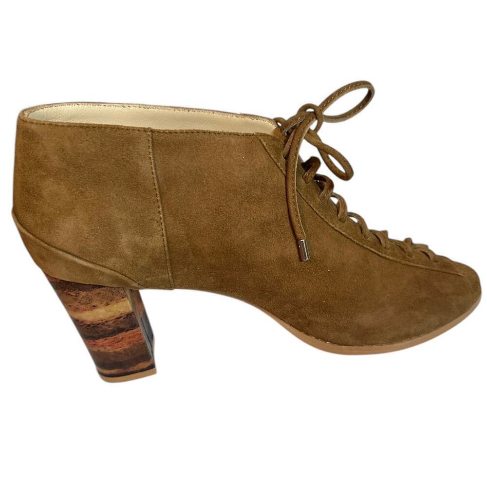 Faryl Robin Women's Peep Toe Suede Lace Up Ankle Stacked Heel Bootie Sz 9 Brown